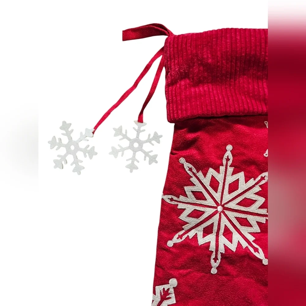 2 Holiday Stockings, Red and Cream with Embroidered Snowflakes